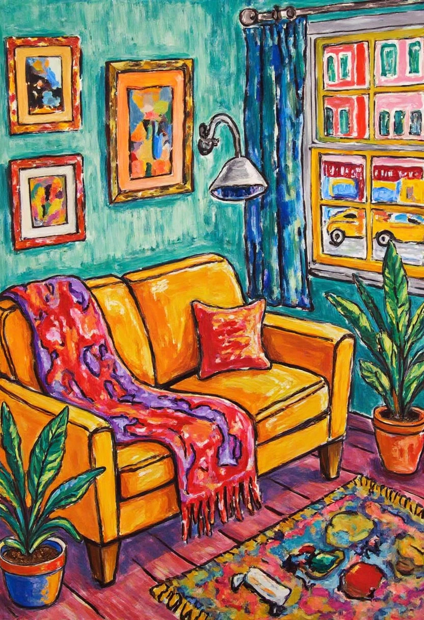 Fauvism Facilitator,  Illustrate a cozy living room scene with a warm yellow couch, a red-and-purple throw blanket, and plants with teal leaves. A window shows a bright, colorful street scene outside, and the walls are a deep blue. The room feels alive with color and energy, each object painted with loose, expressive brushstrokes, creating an inviting but surreal space thatâs full of character.