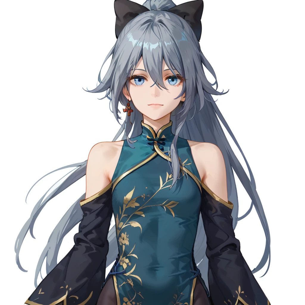 (white background:1.2),looking at viewer,(SOLO:1.4),outline,simple background,upper body, cowboy shot,looking at viewer,
(((arms at side))),  fu hua, long hair, bangs, blue eyes, grey hair, blue hair, hair ornament, hair between eyes, bare shoulders, very long hair, chinese clothes, china dress, jewelry, pantyhose, ponytail, wide sleeves, hair bow, blue bow, detached sleeves, green dress, aqua dress, thighhighs, footwear, black legwear, messy hair<lora:xinchunqp-pony:0.8>