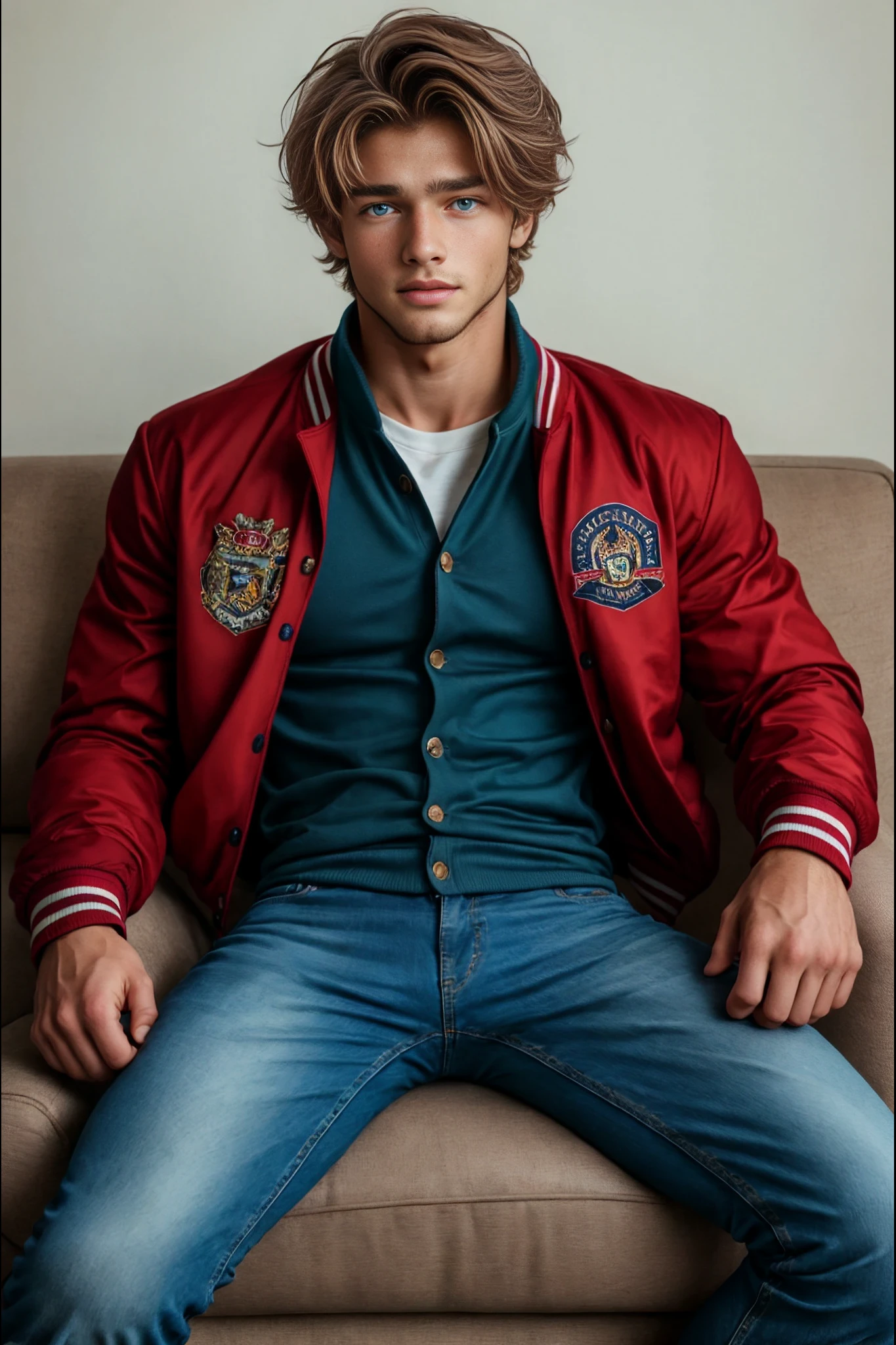 <lora:Victor_v1_GV:1>   1boy, handsome, 21  years old, male, bushy light brown hair, blue eyes handsome, young, man sitting back on the couch, wearing a letterman varsity jacket and tight jeans.