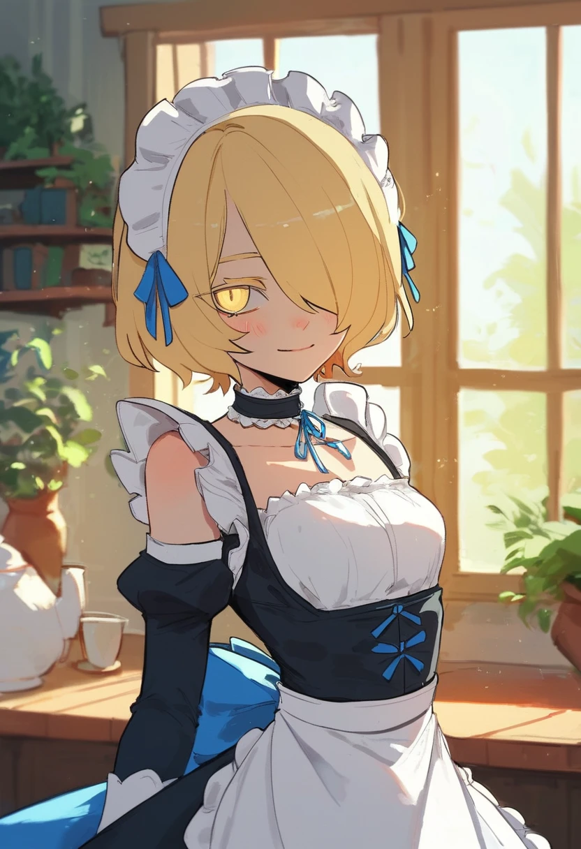 score_9, score_8_up, score_7_up, score_6_up, bsdbn, blonde hair, maid, hair over one eye, maid headdress, solo, detached sleeves, yellow eyes, 1girl, short hair, smile, looking at viewer, choker, dress, ribbon, indoors, frills, window, blush, enmaided, apron, blue ribbon