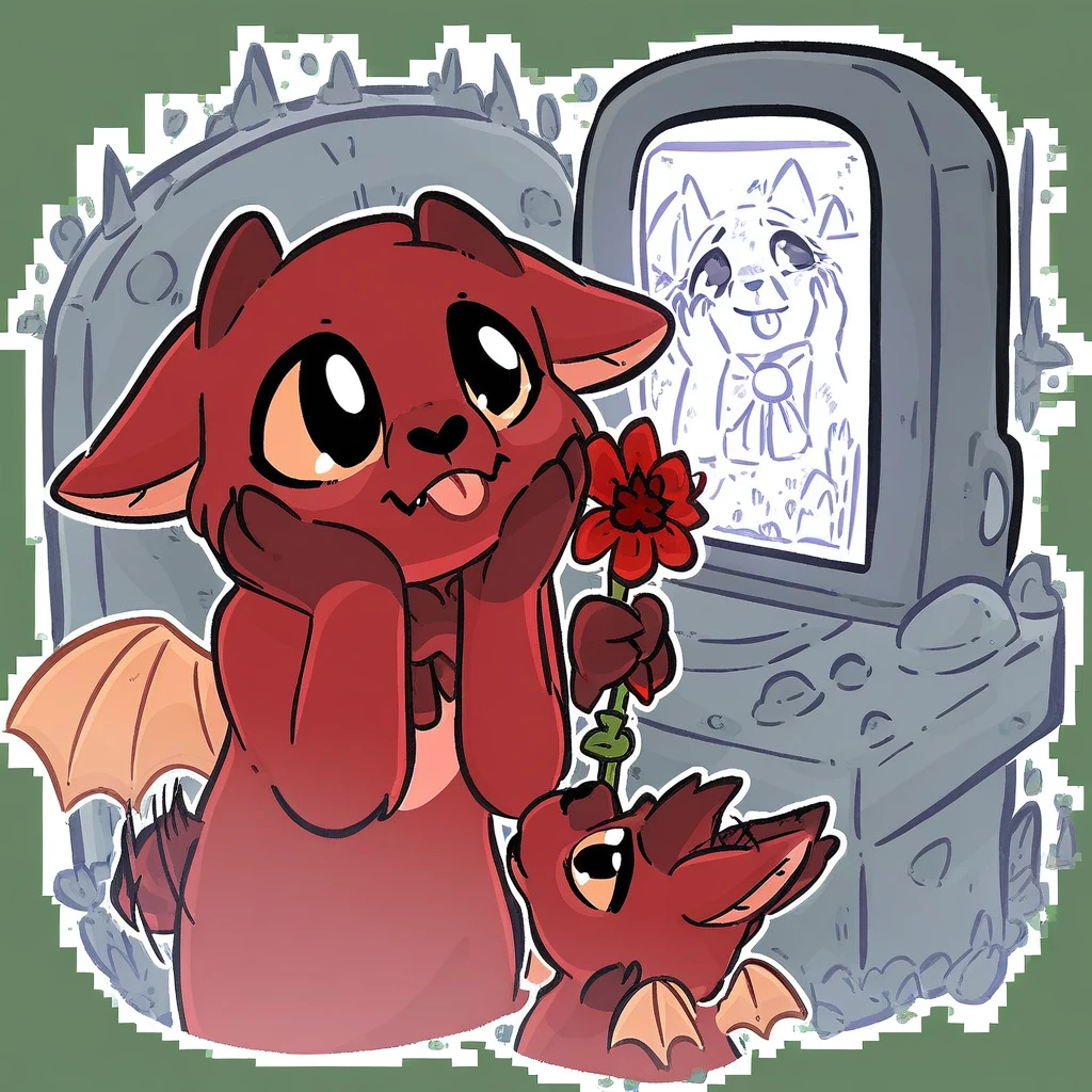 bat wings, computer, looking up, standing, holding, holding flower, wings, animal ears, outline, tail wagging, white background, tongue out, hand up, grave, hands on own face