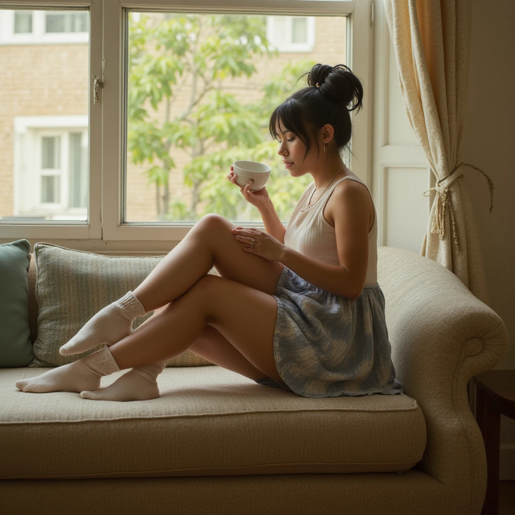 A woman with three legs sits on a vintage sofa, sipping tea from a delicate porcelain cup. Her skin is a warm, sun-kissed brown, and her eyes reflect a mix of curiosity and contentment. She wears soft, cozy socks that match the soothing, pastel tones of the room. The scene is bathed in soft, diffused natural light from a nearby window, creating a serene and intimate atmosphere. The lighting is reminiscent of a Wes Anderson film, with a subtle film grain and a warm, nostalgic color grading that enhances the cozy, lived-in feel of the space. The composition is framed to emphasize the woman's unique form and the tranquil, inviting environment around her. <lora:Three_Legs_-_Flux_v2-000077:1>