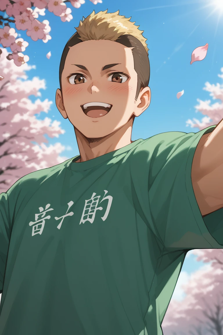 score_9, score_8_up, score_7_up, source_anime, rating_safe, day, natural lighting, spring theme, flowers, petals, male focus, selfie, outstretched arms, smiling, blushing, looking down at viewer, expressive face, YamamotoHU, blonde-black_YamamotoHU_two-tone hair, brown_YamamotoHU_eyes, open mouth, oversized arms, manly, 1boy, blurry outdoors, from below, dutch angle, intricately detailed illustration, atmospheric perspective, depth of field