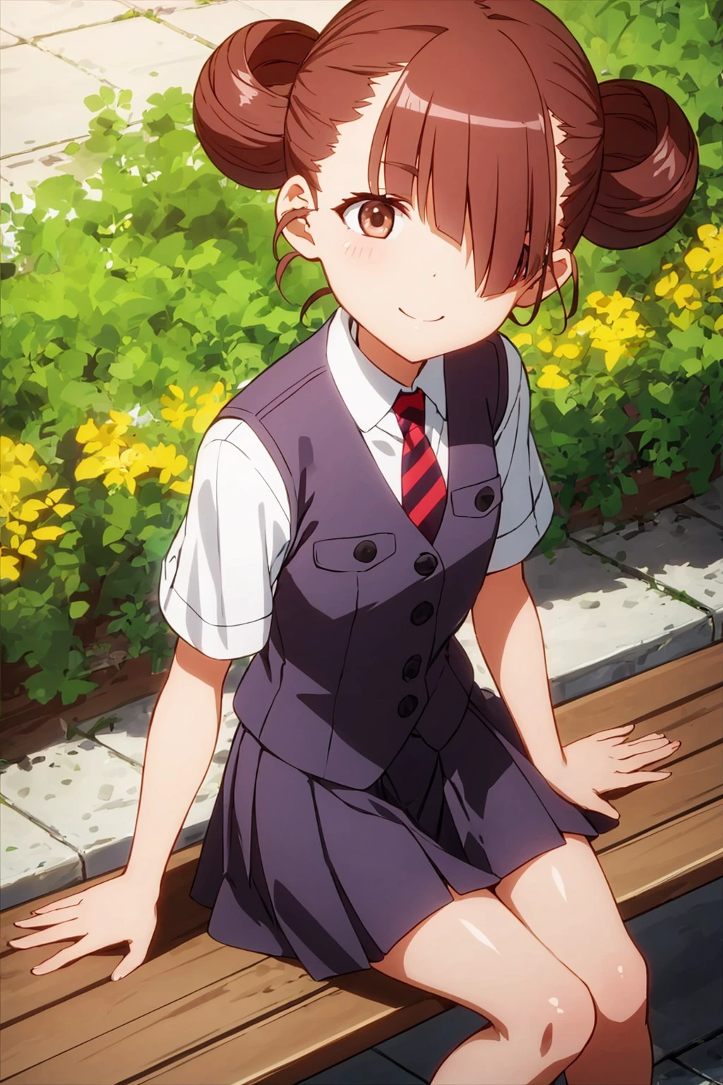 (1girl, solo), looking at viewer, juufuku_miho, brown hair, brown eyes, double bun, one eye covered, asymmetrical bangs, school uniform, short sleeves, red necktie, skirt, sitting, park bench, from above, smile, <lora:9d593bca-c261-41e6-9cfd-f88cc5e46083:0.8>