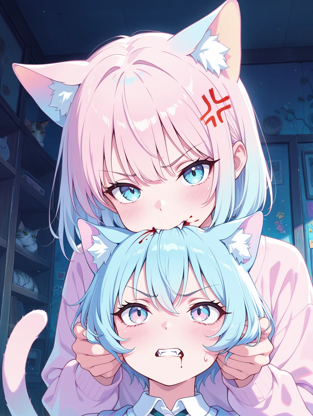 1girl,pastel colors,colorful,
cat_ears,cat_tail,fangs,biting boy's head,blood,anger_vein,tsundere,Moody background,
,masterpiece,best quality,amazing quality,very aesthetic,absurdres,newest,