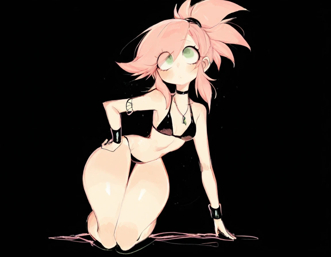 <lora:Illustrious_USA3710_Style_LORA_2:1> us4styl3, 
1girl, 18 years old, , necklace, bracelets, belly, pink hair, green eyes, ponytail, small , thigh gap, skinny, small , petite, round face, skinny, green eyes, black background, kneeling, looking up at viewer