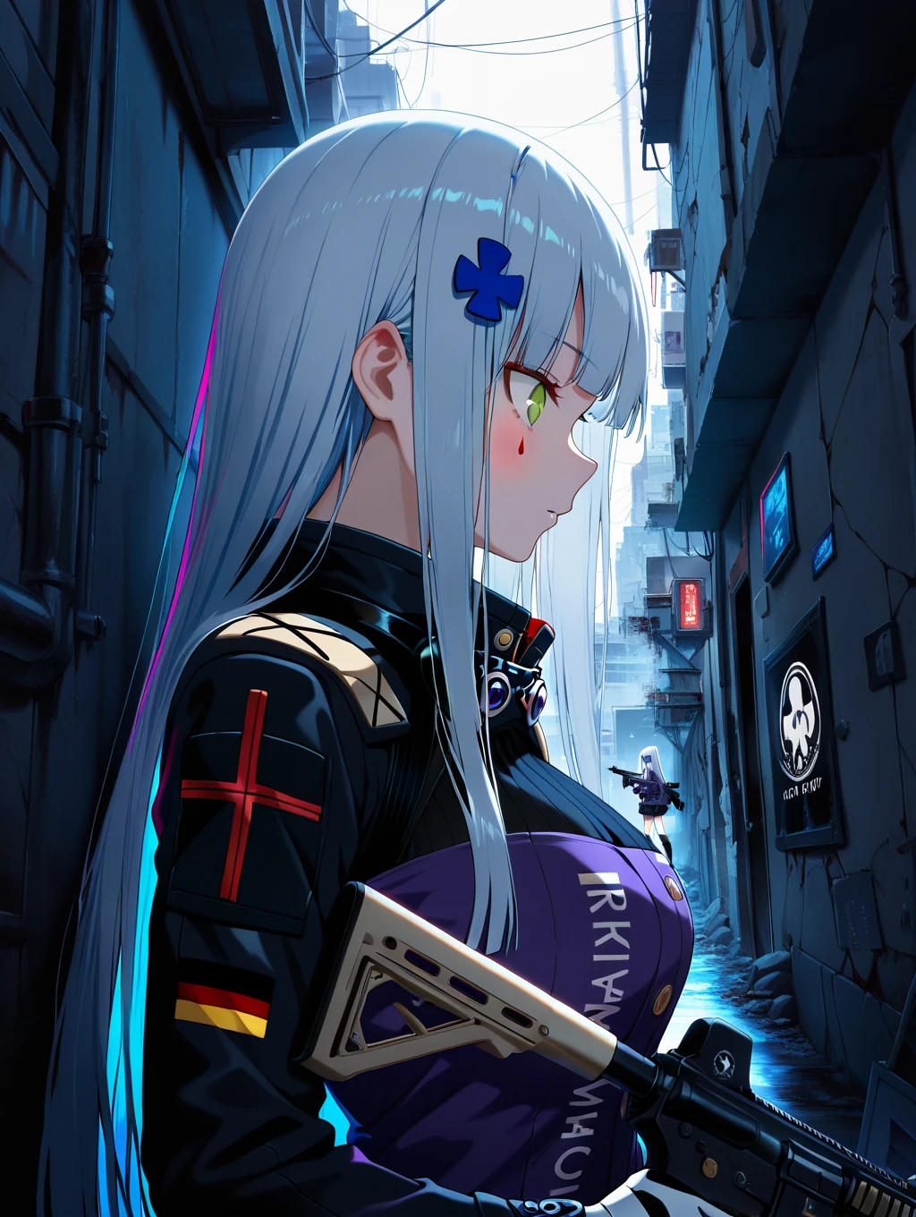 masterpiece,best quality,intricate details,
1girl,hk416 (girls' frontline),upper_body,hinding after a wall, double exposure,glitch hair,iridescent hair,holding gun,profile,backlighting,
scenery of a ruin city,patrol team out there,
,masterpiece,best quality,amazing quality,very aesthetic,absurdres,newest,