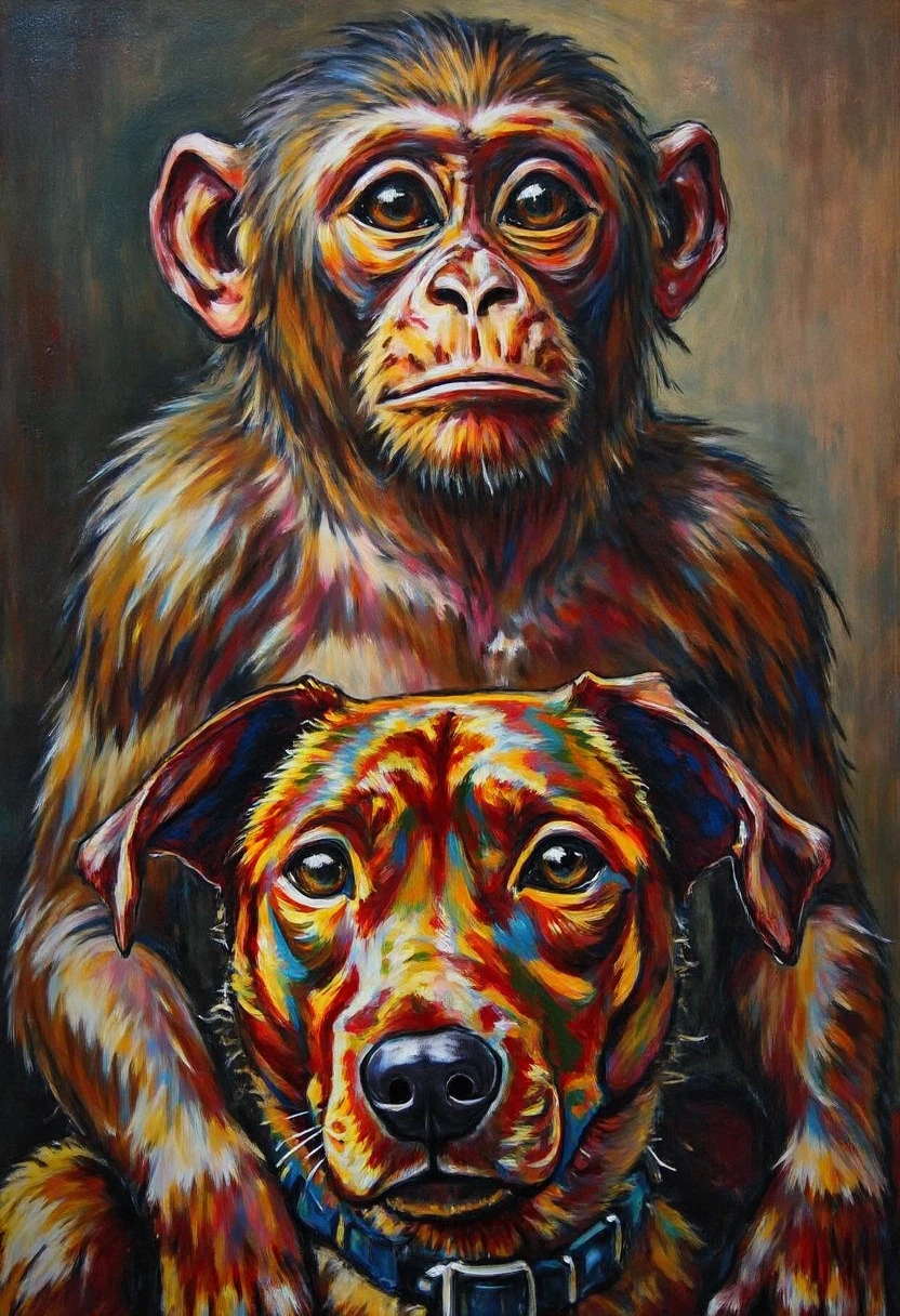 A portrait of a monkey and a dog