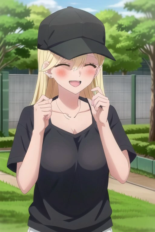 (masterpiece), kisaki aria, long hair, blonde hair, green eyes, 1girl, hat, solo, closed eyes, blush, black headwear, smile, open mouth, baseball cap, stud earrings, collarbone, hair between eyes