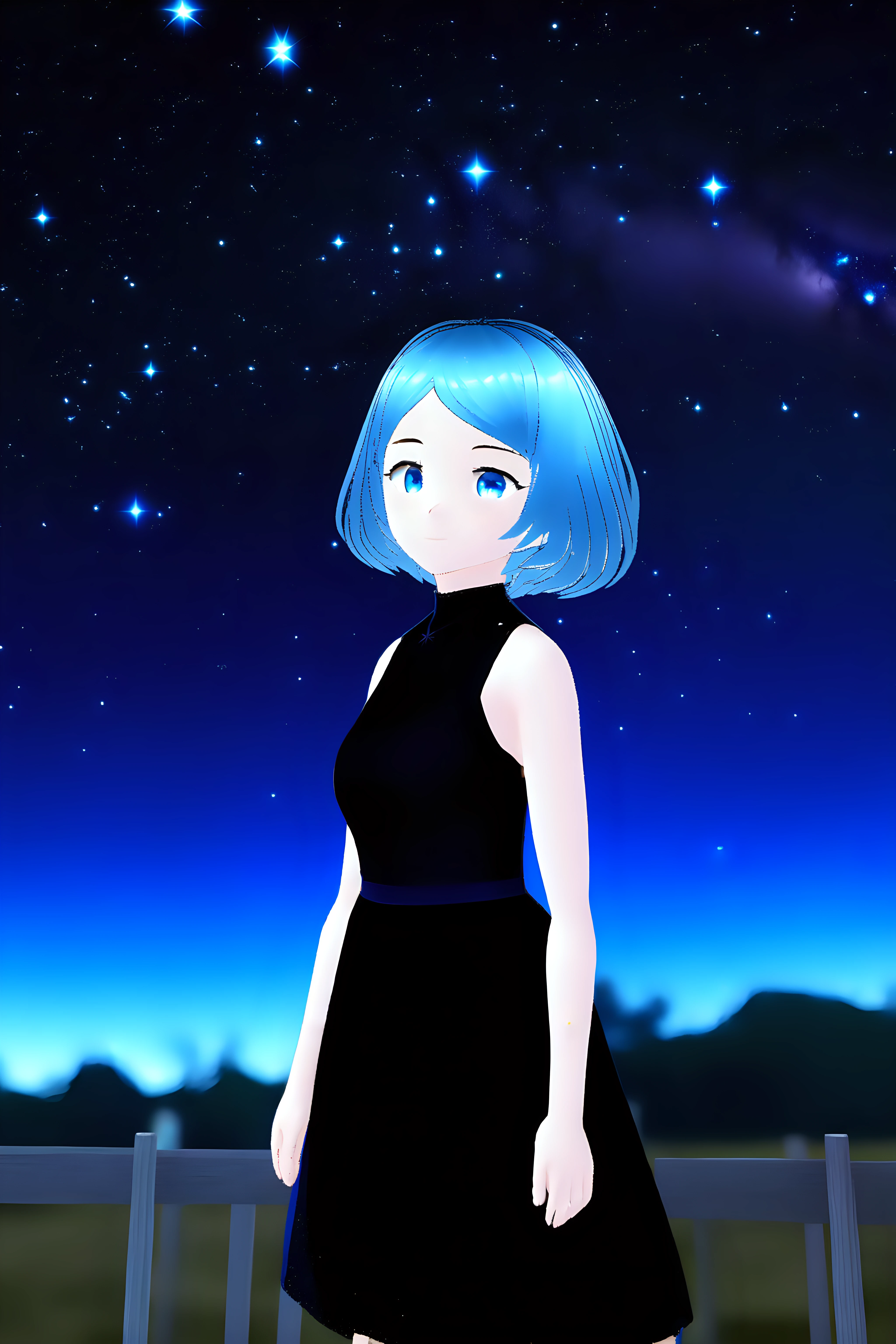 1girl, cowboy shot, standing, short hair, blue hair, blue eyes, black dress, sleeveless dress, bare shoulders, bare arms, outdoors, starry sky, night, night sky