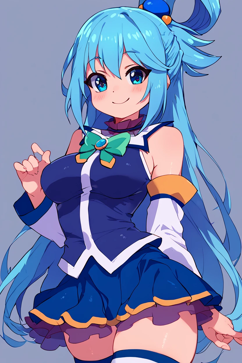 score_9, score_8_up, score_8, medium breasts, (curvy), cute, eyelashes,       ,,, , ,,,  zzAqua, blue hair, long hair, blue eyes, single hair rings, hair ornament, looking at viewer,  detached sleeves, skirt, shirt, thighhighs, bare shoulders, white thighhighs, blue skirt, blue shirt, green bow,  <lora:Aqua_Konosuba_PDXL:0.8>,  ,,,, BREAK, smile, looking at viewer, cowboy shot, ,,, embedding:zPDXL, Expressiveh, ,,, <lora:Zankuro_Style_PDXL:0.8> <lora:SDXLFaeTastic2400:0.5>, <lora:Expressive_H-000001:0.4>,