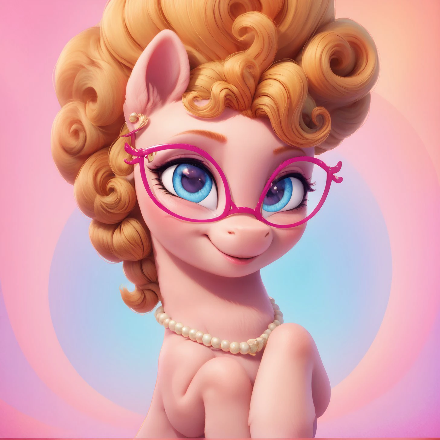 score_9, score_8_up, score_7_up, score_6_up, score_5_up,with beautiful, detailed, (detailed cute pony face), detailed eyes, detailed fur, beautiful, vector, flat colors, (abstract background: 1.8), (looking at you, looking at viewer: 1.5), cute smile, happy, ((close-up)),   <lora:Phyllis Cloverleaf:1> Phyllis Cloverleaf, glasses,
<lora:Wholesome_MLP-v1.2:1>  <lora:3D_Animation_Diffusion_Pony_style:1>