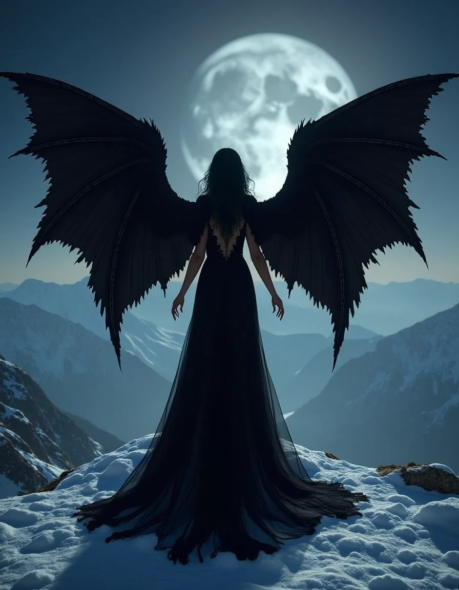 an demonic woman with black wings facing away from camera stood on the peak of a snowy mountain, her arms out wide, an ethereal glow surrounds her lighting the dark night, she's, her dress is black latex