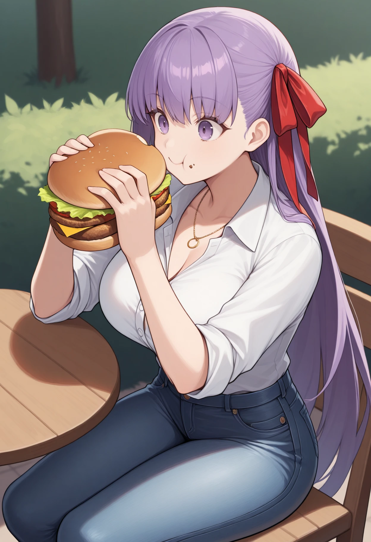 masterpiece, best quality, 1girl, solo, BBFate, purple eyes, long hair, purple hair, hair ribbon, red ribbon, dress, shirt, necklace, jeans, rolled up sleeves, holding burger, eating burger, huge burger, outdoors, sitting, on chair, happy, <lora:ChamBBIllustriousXL:1>