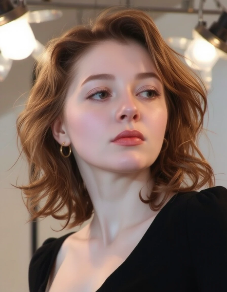 Half body shot of a woman in a studio setting, with a relaxed yet poised expression. Sheâs dressed elegantly, with studio lights accentuating her features, providing depth and dimension to the photo.