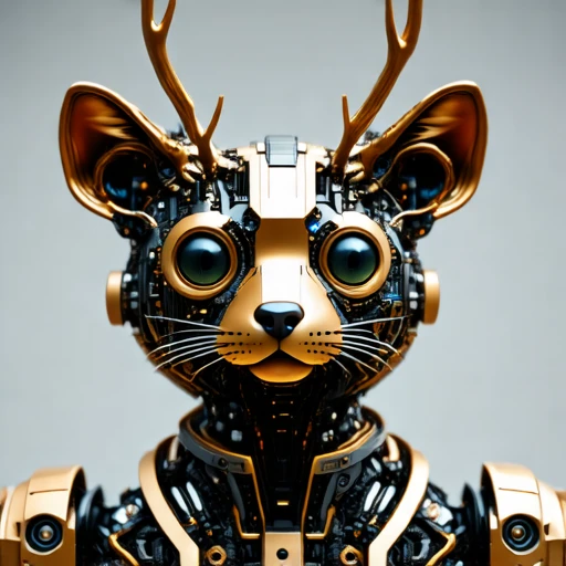 almost otherworldly appearance., metallic exoskeleton that mimics the shape and texture of a cat's head and torso. The head features large, giving it a mechanical appearance., steampunk aesthetic. The robotic cat's head is intricately designed with a blend of mechanical and organic elements. Its face is a mix of sleek, cyberpunk style. The subject is a humanoid figure with an otherworldly appearance, elongated heads resembling those of a deer or antelope, science fiction, giving it a futuristic appearance. The bear's face is dominated by large, round eyes with intricate details, round eyes with intricate, steampunk-inspired style. The robot, otherworldly ambiance., glossy black eyes that dominate its face, CGI-rendered image of a futuristic, The image is a high-resolution CGI artwork of an anthropomorphic, stylized animal, giving them a shiny, reflective black, suggesting advanced technology.