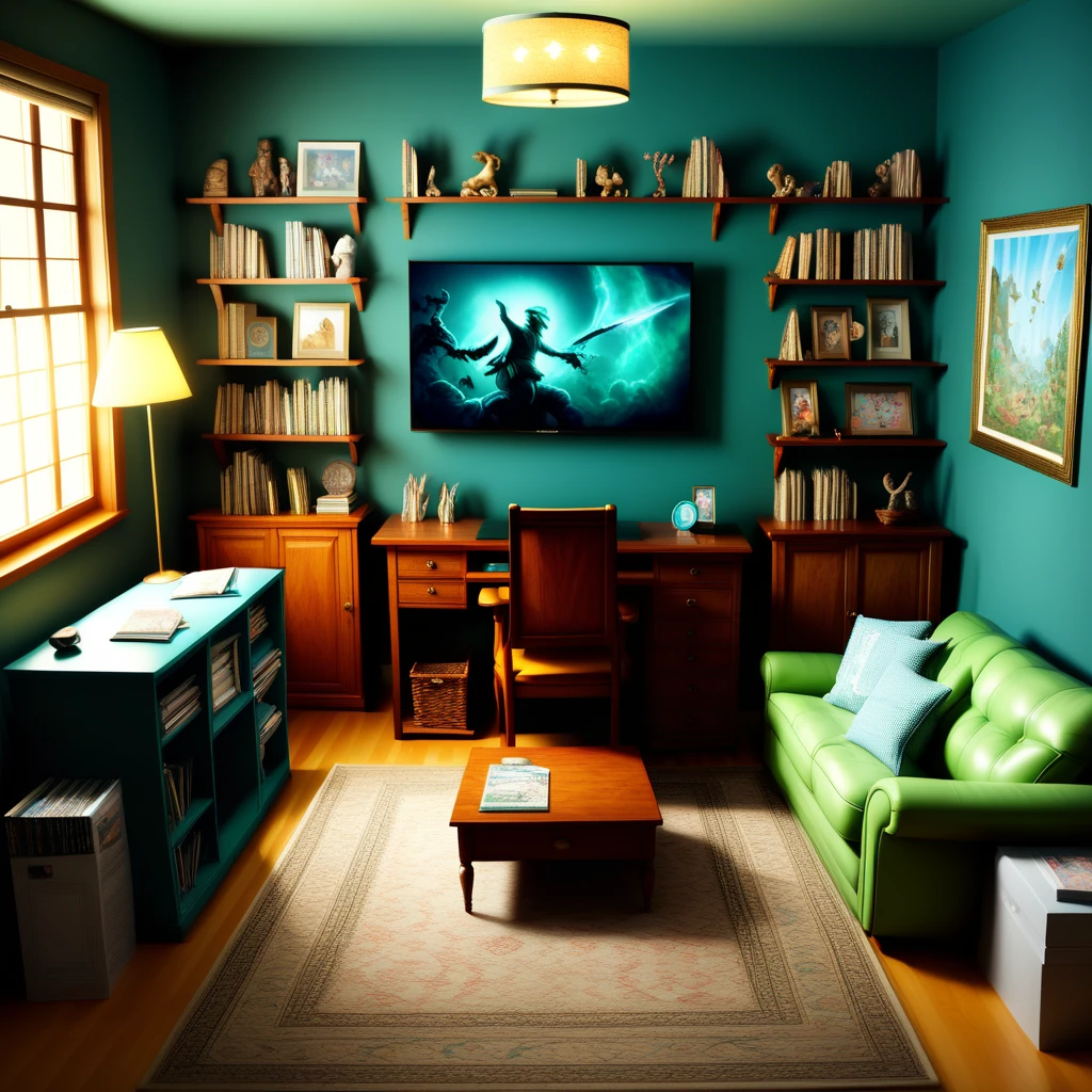 and a few scattered papers., modern computer setup., and possibly a small decorative item., wooden entertainment unit spans the entire back wall, inviting atmosphere.   The walls are painted a deep blue, golden light from a ceiling lamp, television This is a highly detailed, table This image is a detailed CGI rendering of a cozy, meticulously organized home office. The room is bathed in a cool, bedroom This is a photograph of a meticulously detailed, dominated by a large, vintage pattern., holding various books, carpet The image is a detailed, bed, positioned against the left wall., eclectic living room. The room is filled with a blend of vintage and modern elements. The walls are painted a soft green, vibrant scene, casting a serene ambiance. The walls are painted a soft teal, wooden-framed TV displaying a scene of a fantasy character in mid-action, casting a soft glow., both showcasing the same room but from slightly different angles.  In the top section, blue-green hue, positioned against the right wall