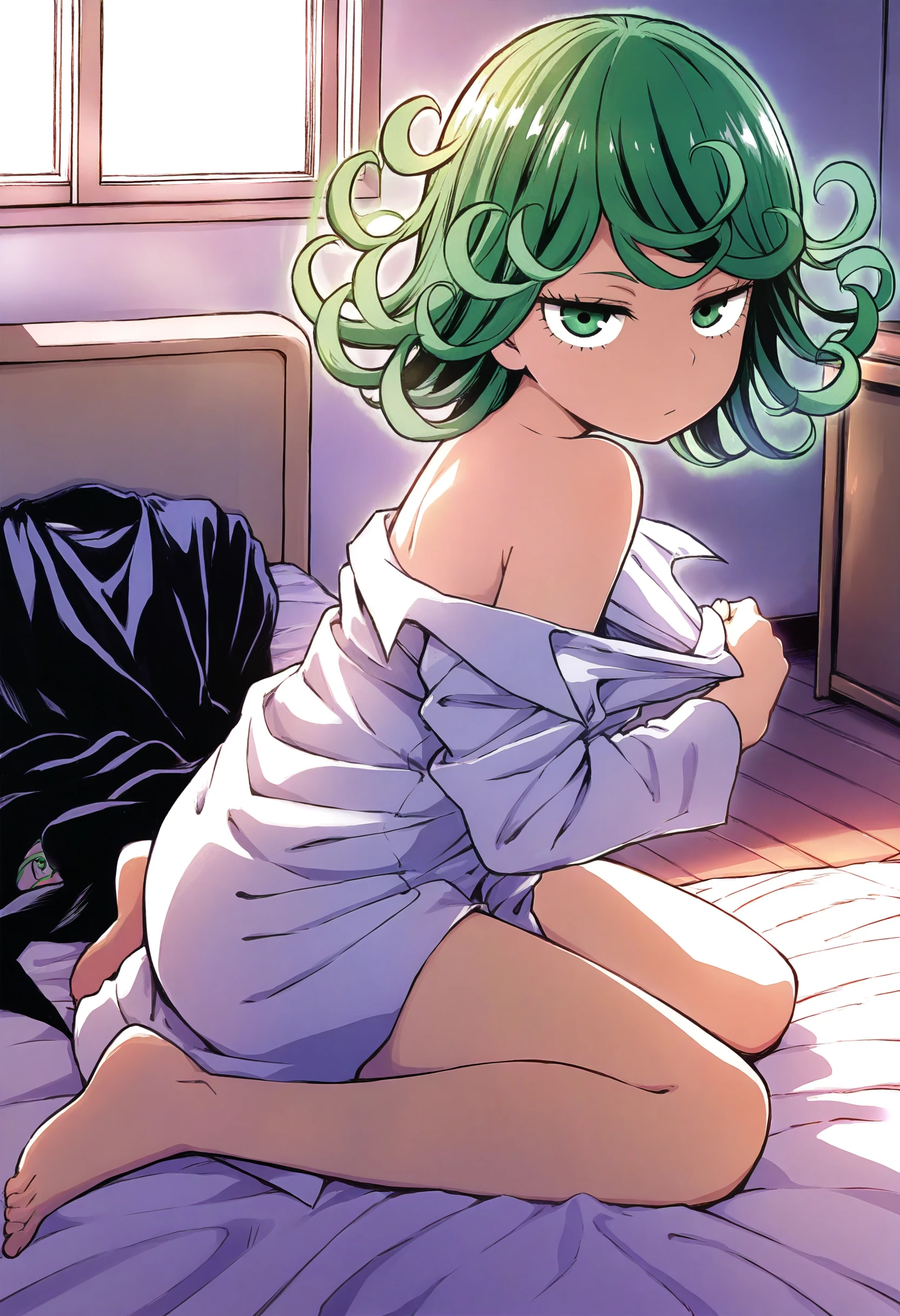 highres,absurdres,masterpiece,best quality,<lora:MeMaxV3TypeC_ill>,from side,leaning forward,foreshortening,tatsumaki,wariza,jitome,undressing,on_bed,from above,digusted,looking at viewer,oversized dress shirt,off shoulder,full body,bare legs,barefoot,indoors,bottomless,