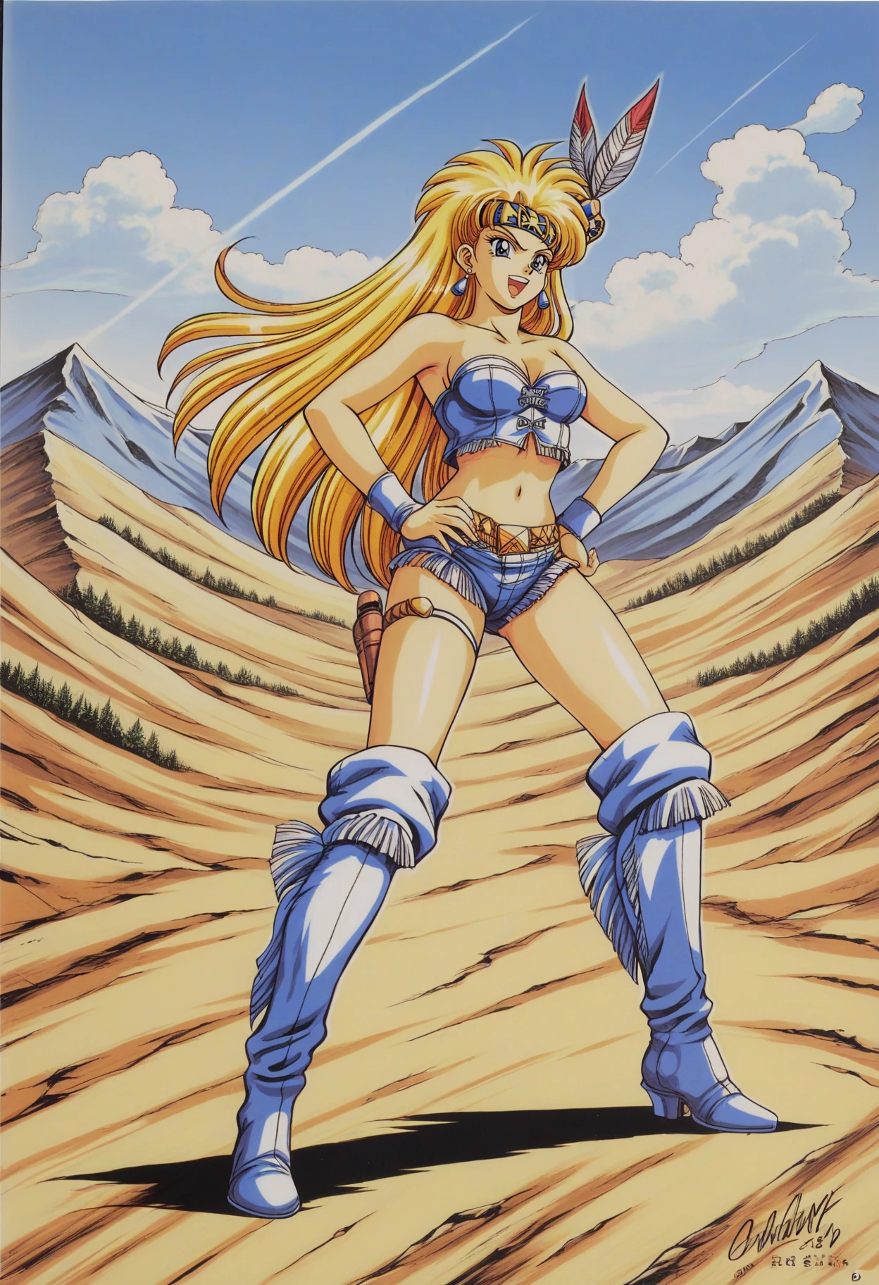"(masterpiece:1.1), best quality, 
1girl, (traditional media 80s:1.4), (eyelashes:1.5), (loli:1.2), 
(intricate high detailed body:1.2), 
(yellow hair:1.1), (hair over one eye:1.1), (medium hair, two side up:1.2), (crown:1.1), 
blue eyes, (red lip stick:1.2), 
(gigantic breasts:1.1), 
(light smile:1.2), 
(bikini armor, mini skirt:1.2), (knight armor, armored boots:1.2), 
(jewelry:1.1), hand cuffs, 
standing, (dynamic pose, action pose, hand on hip:1.2),
(upper body, cowboy shot, looking at viewer:1.1),
(daytime, grassland, outdoors:1.1)"