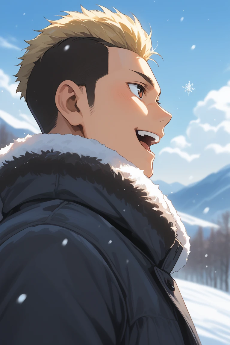 score_9, score_8_up, score_7_up, source_anime, rating_questionable, day, natural lighting, winter theme, snow, snowing, snowflakes, mountain, breath, male focus, leaning back, looking away, smiling, YamamotoHU, blonde-black_YamamotoHU_two-tone hair, brown_YamamotoHU_eyes, open mouth, winter clothes, fur trim, 1boy, blurry outdoors, scenery, from side, from below, dutch angle, intricately detailed illustration, atmospheric perspective, depth of field