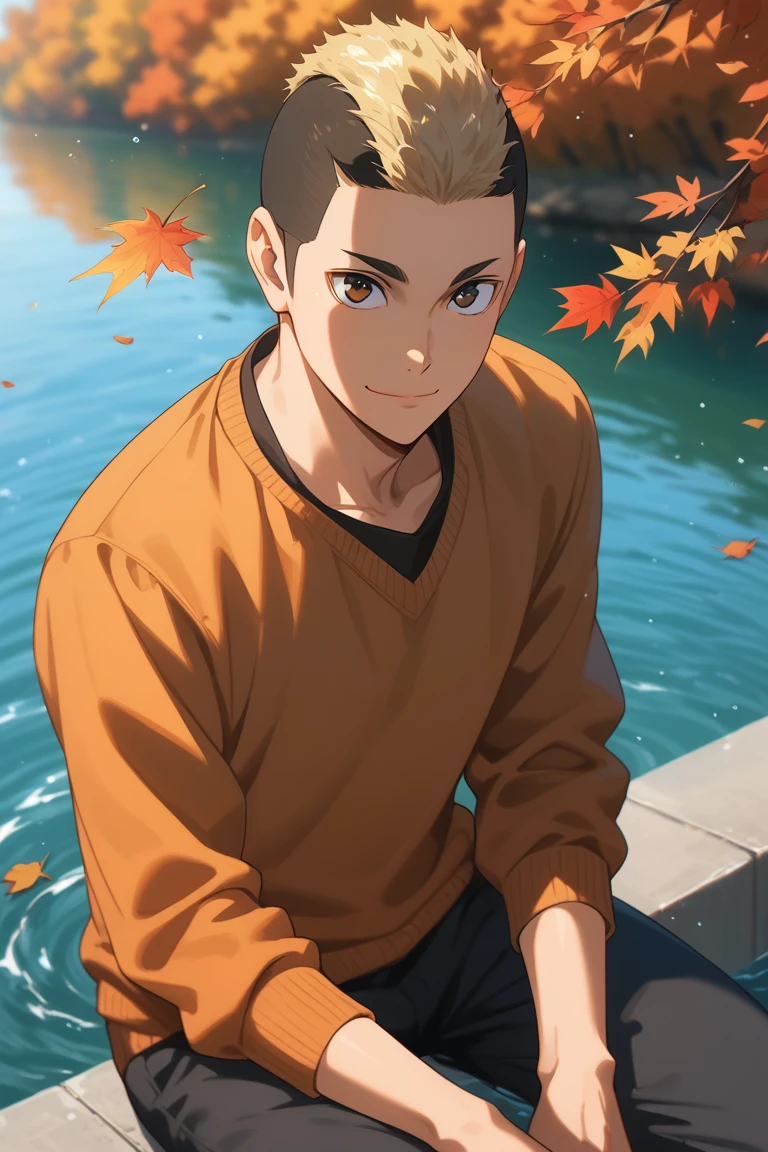 score_9, score_8_up, score_7_up, source_anime, rating_questionable, day, natural lighting, autumn theme, autumn leaf, leaves, water, water ripple, male focus, looking up at viewer, sitting, smiling, YamamotoHU, blonde-black_YamamotoHU_two-tone hair, brown_YamamotoHU_eyes, closed mouth, autumn clothes, sweater, pants, manly, 1boy, blurry outdoors, from above, dutch angle, intricately detailed illustration, atmospheric perspective, depth of field