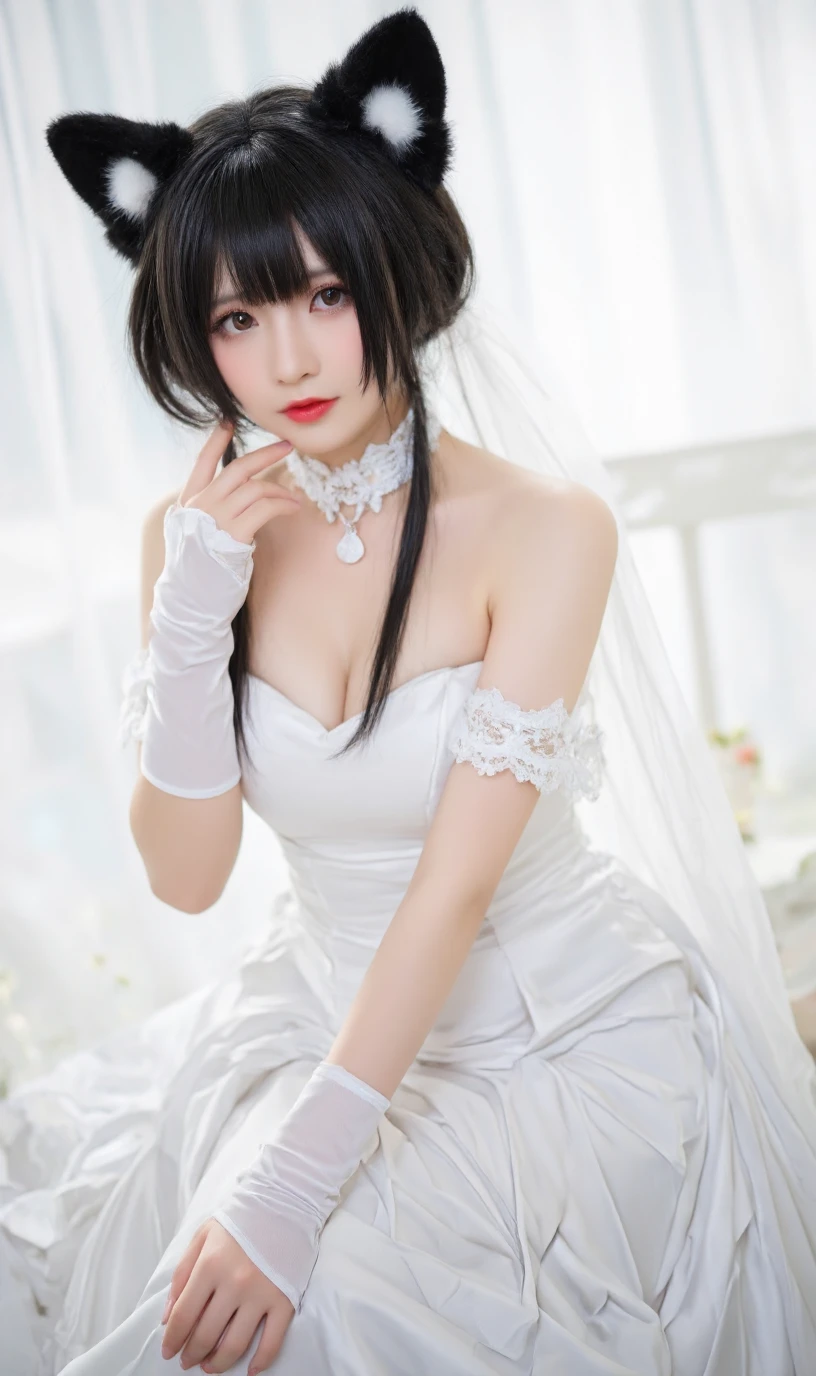 Cosplay photography, a girl in a cosplay outfit, blending elements of a traditional bridal gown with a fantasy cat-like theme.black furry cat ear,
off shoulder,low cut,
elegant pose, angled camera,slender body,looking at viewer,
A white, strapless gown made of satin, 
Long white gloves with lace trim and a choker with lace edges.
girl has a pale complexion with red lipstick and a subtle eye makeup look.
girl is seated with one hand on their chin, exuding a thoughtful or contemplative demeanor.
background is softly lit, with sheer white curtains adding to the serene atmosphere.