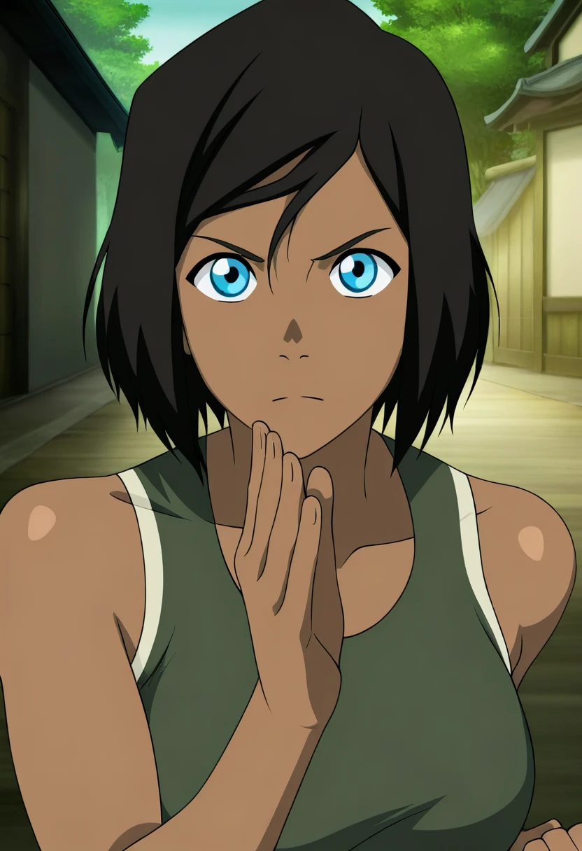 anime screencap,8k, absurd res, korra-v2, 1girl, solo, looking at viewer, short hair, blue eyes,dark skin,green tank top,brown skin, outdoors, detailed background, fighting stance,bare shoulders, collarbone, upper body, shiny <lora:korra-v2 (6):1>