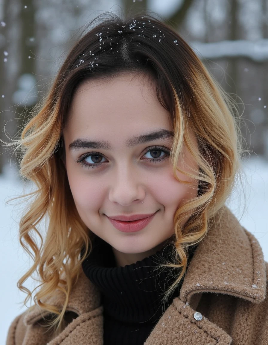 A cinematic close-up portrait of aimrox in the serene beauty of winter. Her eyes are bright and reflective, capturing the soft, diffused light of the snow-covered surroundings. She has a gentle, dreamy expression, with a slight, wistful smile that hints at a deep, romantic narrative. Her hair, slightly tousled, frames her face with a few snowflakes caught in the strands, emphasizing the cold yet enchanting atmosphere. She wears a vintage, woolen coat with a high collar, the fabric rich in texture, suggesting warmth and comfort against the chill. The background features a soft-focus blur of a winter landscape, with bare trees and a gentle snowfall, creating an intimate, almost magical setting that speaks of love and solitude.  <lora:aimee-rox:1>