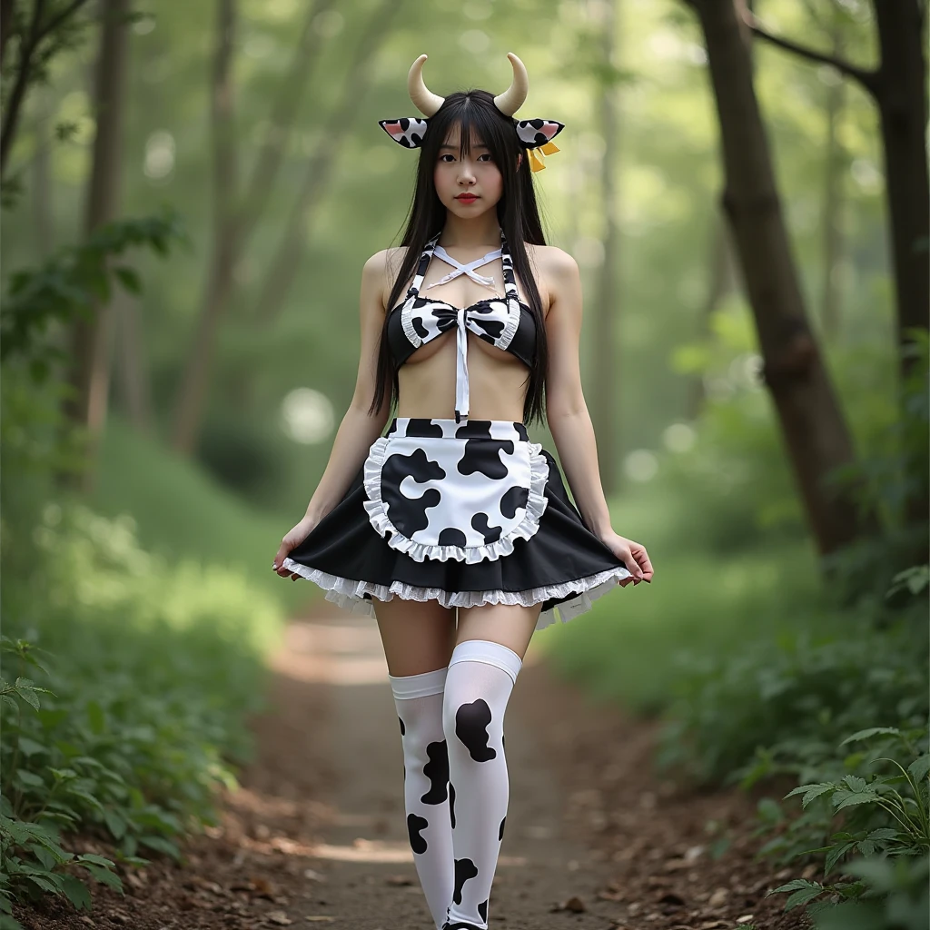 a stunning hindi indian woman in a (cow costume:1.2) bikini sitting in (hay:1.2), masterpiece, best quality, 8k photo, <lora:cow_costume_v1.0.10:0.75> <lora:Btflindngds:0.4>