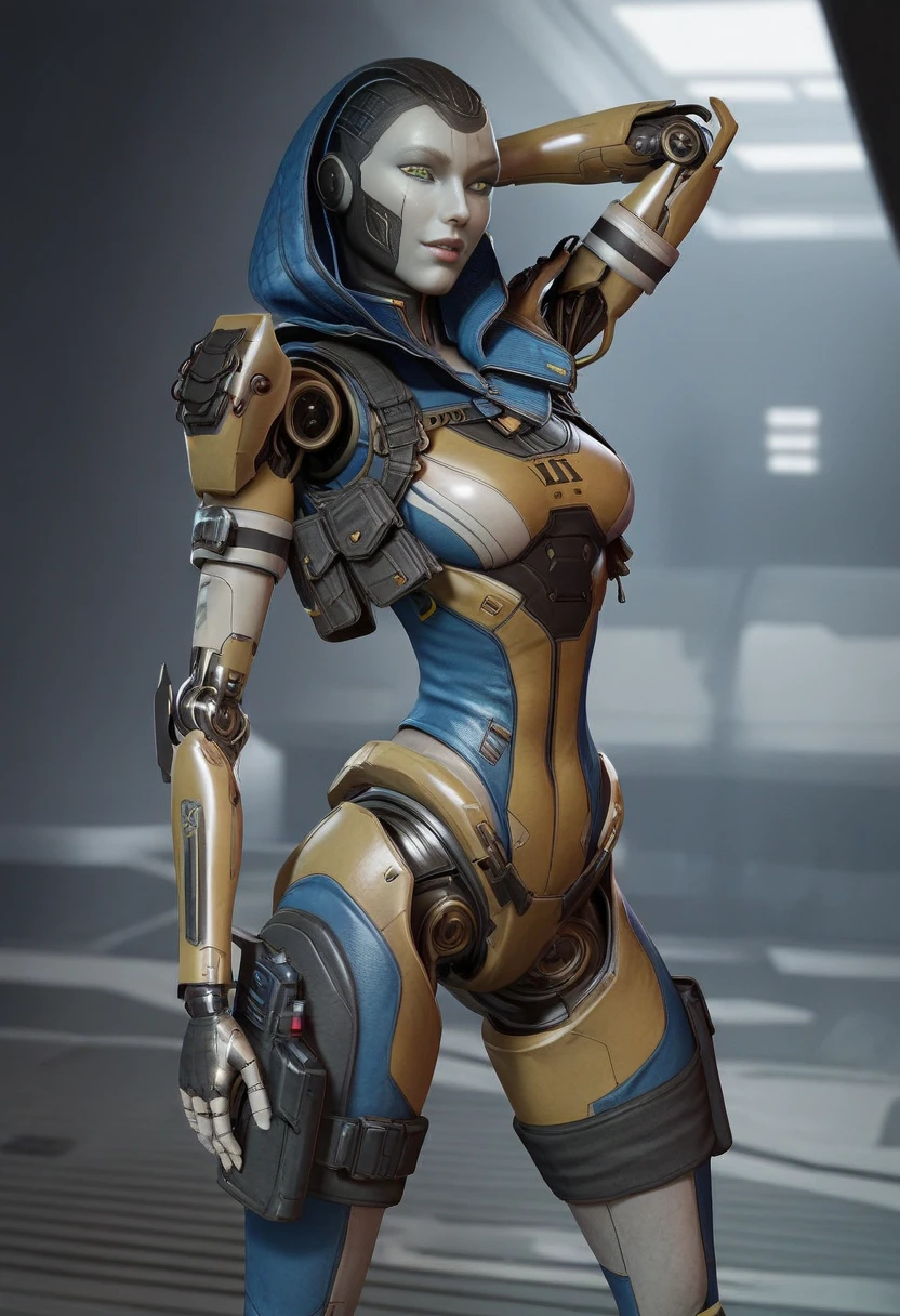 Inside a high-security vault in a towering futuristic skyscraper, a humanoid robot woman stands guard, her posture imposing yet graceful. Her design is sleek and efficient, with silver and black plating and neon-blue lines tracing her limbs and torso, suggesting a focus on both aesthetics and functionality. Her face is partially covered by a visor with a digital display, showing security metrics. She stands poised, with one arm extended, scanning an incoming holographic security alert. The vault walls are lined with high-tech weaponry and data servers, reflecting her dedication to high-level protection in this advanced metropolis. ashalxxx, solo, robot, science fiction,1girl,android,humanoid robot, yellow eyes,animification, cracked skin ,  <lora:Pony_ashalxxx_LORA-000010:1>, score_9_up, score_8_up, score_7_up, best_quality