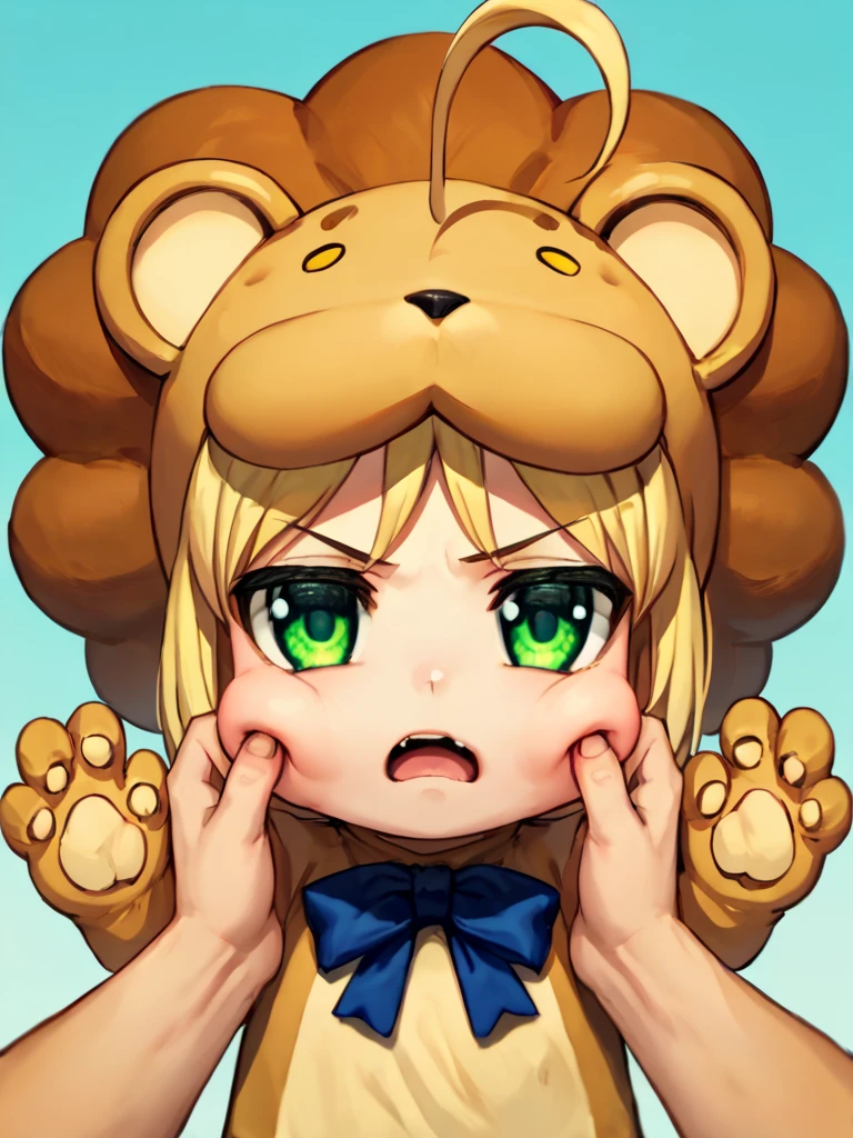 score_9. score_8_up, source_anime, masterpiece,
 <lora:PinchingPOVBothHands_XLPD:0.8>
1boy, pov hands,  cheek pinching, puffy cheeks, upper body,
 <lora:saber lion test0.1:0.8>
saberLion, chibi,  lion costume,  open mouth, unamused, ahoge, paw, kawaii, half-closed eyes, green eyes, blue bow,
gradient background,