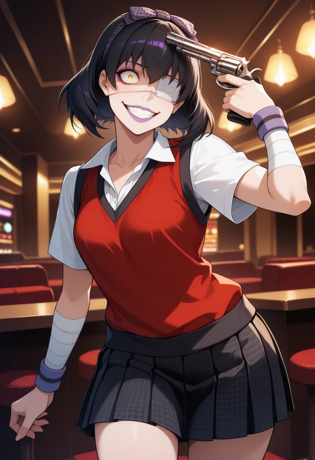 masterpiece, best quality, <break> solo, 1girl, ikishima midari, makeup, purple lips, crazy smile, teeth, looking at viewer, holding gun, revolver, gun to head, short hair, black hair, hairband, yellow eyes, constricted pupils, medical eyepatch, school uniform, red sweater vest, white shirt, black skirt, pleated skirt, houndstooth, wristband, bandages, bandaged arm, indoors, casino
<segment:yolo-face_yolov8m.pt,0.4,0.5//cid=1>