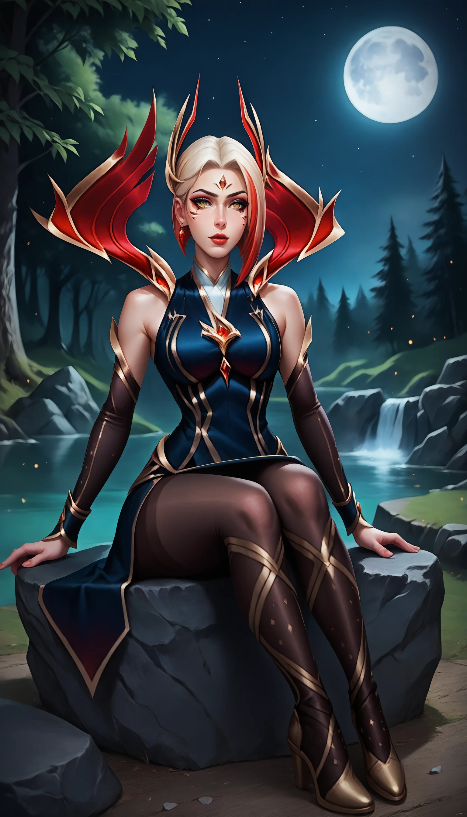 half-elf girl is sitting on an old bench vomiting hot lava, crimson hair, crimson eyes, red and black outfit with gold trim, black pants,