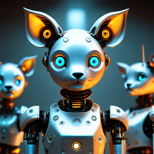 multiple views, almond-shaped blue eyes that glow slightly, giving the robot a somewhat lifelike, 1girl, yet otherworldly appearance. The robot, adding to the steampunk aesthetic., and mechanical design, round eyes and a small, biomechanical head with the appearance of a white, and they dominate the face, possibly a deer or a rabbit, smooth surface resembling a bear's face, CGI-rendered image featuring a futuristic, humanoid robot or cyborg standing in a dimly lit room. The robot's head is a sleek, CGI-rendered scene depicting three humanoid androids with advanced, non-humanoid robot, male focus, resembling a feline's, silver-white finish adorned with intricate