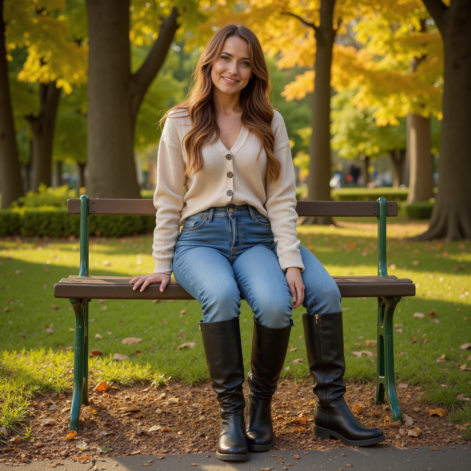 A woman with three legs, fair skin, and a gentle smile, wearing a cream cardigan, blue jeans, and black thigh-high boots, sits on a park bench. Soft, golden sunlight filters through the trees, casting dappled shadows on her. The scene is framed with a shallow depth of field, emphasizing her serene expression and the texture of her clothing. The background is a lush, green park with autumn leaves, captured with a Fujifilm X100V and Fujinon 23mm f/2 lens, creating a warm, nostalgic atmosphere with subtle film grain and a slightly desaturated color palette. <lora:Three_Legs_-_Flux_v2-000077:1>