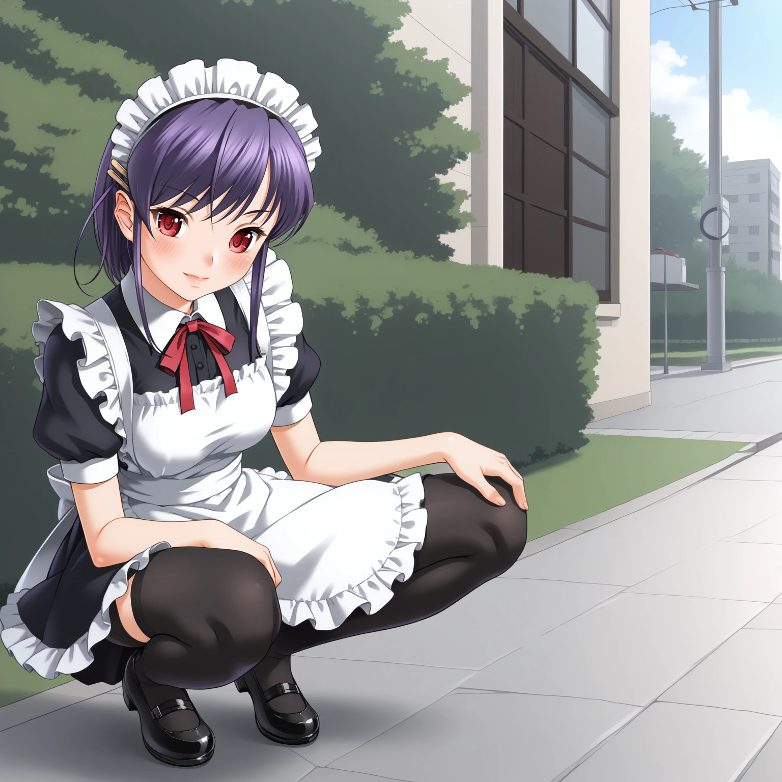 <lora:MJD_HitotsukaneYuukoOliverXLpony005>,
outdoors,
blush,smile,
solo,
HitotsukaneYuukoOliver,1girl,purple hair,middle hair,hairclip,red eyes,
maid headdress,
maid,short_sleeves,maid_apron,
black thighhighs,
squatting,