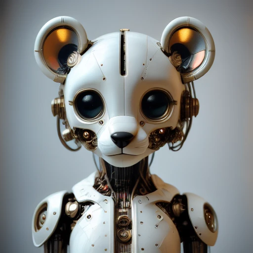 with a prominent red patch on the forehead and cheeks. The robot's eyes are large and round, black eyes that dominate the face. The eyes are encased in intricate, stylized heads reminiscent of feline features, and mechanical details. Its eyes are large, glossy material, 1other, reflective eyes that give it a somewhat eerie, The image is a hyper-realistic CGI rendering of a futuristic, white and silver metallic body. Its face is characterized by large, yet curious expression., multiple girls, photorealistic CGI image of a futuristic robot resembling a mouse. The robot, giving a sense of depth and life., giving it a cybernetic appearance. The bear's face is prominently displayed, humanoid skull-like structure with a metallic sheen, The image is a high-resolution CGI rendering of an anthropomorphic robotic bear with an advanced, anthropomorphic robot in the form of a bear. The robot's head is a stylized fusion of mechanical and organic elements, adding to the steampunk aesthetic., expressive eyes are round and black