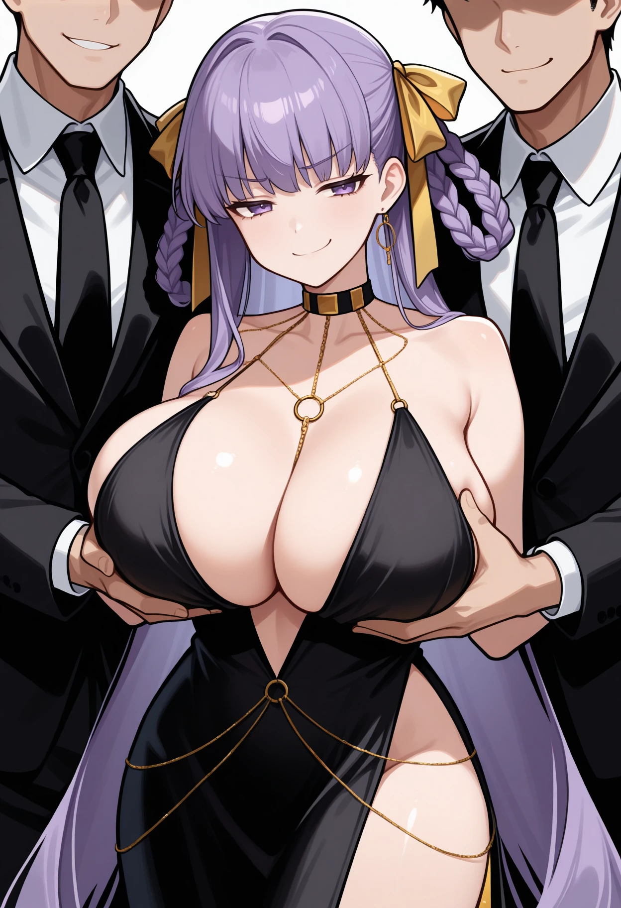 masterpiece, best quality, 1girl, 2boys, BBDubai, purple eyes, long hair, purple hair, braided hair rings, hair ribbon, yellow ribbon, black dress, deep neckline, halter dress, sideless dress, sleeveless dress, jewelry, golden jewelry, side slit, servants holding aphrodite's breasts \(meme\), breast lift, pant suit, groping from behind, smile, smug, <lora:ChamBBIllustriousXL:1>