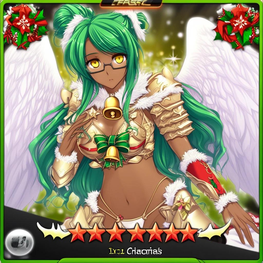 bikini armor, dark-skinned female, flower, christmas, yellow eyes, hair bun, green hair, tarot, glasses, angel wings, shiny, bell