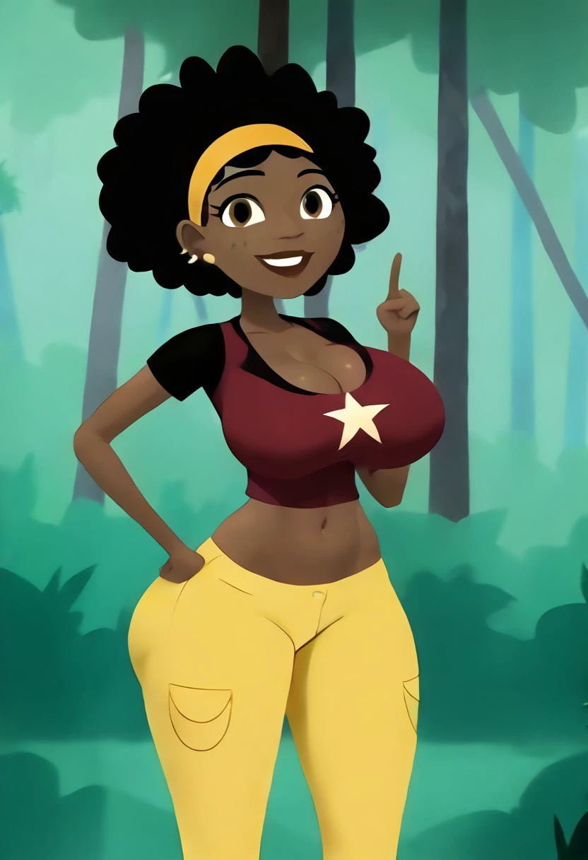 1girl, 1boy, score_9, score_8_up, score_6_up, Koki, dark skinned female, black hair, afro, hairband, brown eyes, dark red shirt, yellow pants, outdoors, trees, forest, wide , huge , thick thighs, , cleavage, midriff peek, looking at viewer, smile, hand on hip, detailed, masterpiece