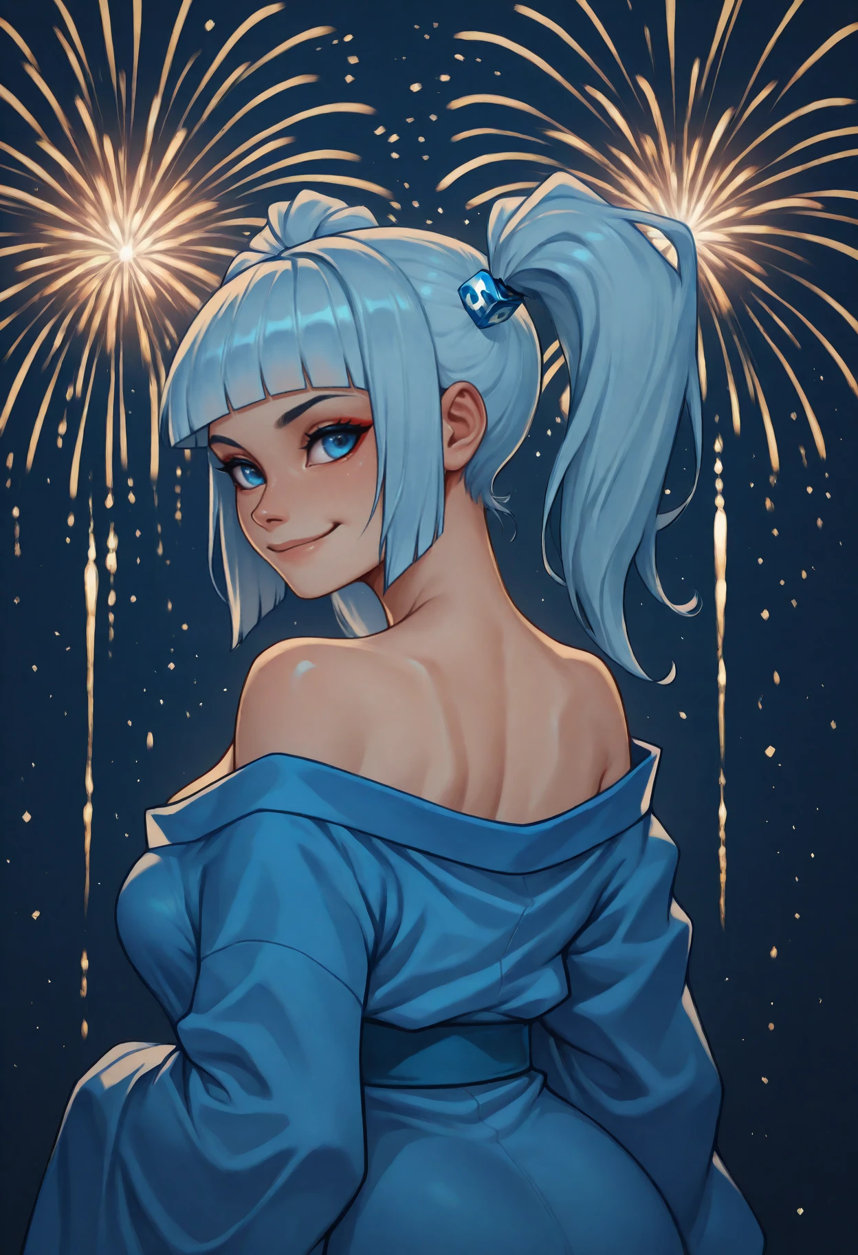 anime, masterpiece, best quality, <break> from behind, solo, 1girl, rkn-chan, smile, looking back, long hair, blue hair, blunt bangs, twintails, cube hair ornament, blue eyes, japanese clothes, blue kimono, off shoulder, bare shoulders, fireworks
<segment:yolo-face_yolov8m.pt,0.4,0.5//cid=1>