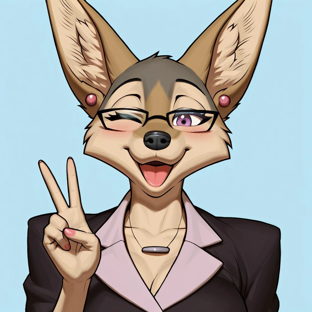 score_9, score_8_up, score_7_up, Expressiveh, masterpiece, best quality, highly detailed, realistic, (zPDXL3, 1girl, solo, (JordanMH, female furry, furry, anthro, coyote, canine, earrings, square glasses, purple eyes, black pupils, black nose, silver neckwear, tan body, tan fur, office clothing, black pencil skirt, cleavage, clothed), upper body, (peace sign with right hand), smile, open mouth, blue background, simple background, looking at viewer, one eye closed, pink nails, wedding ring