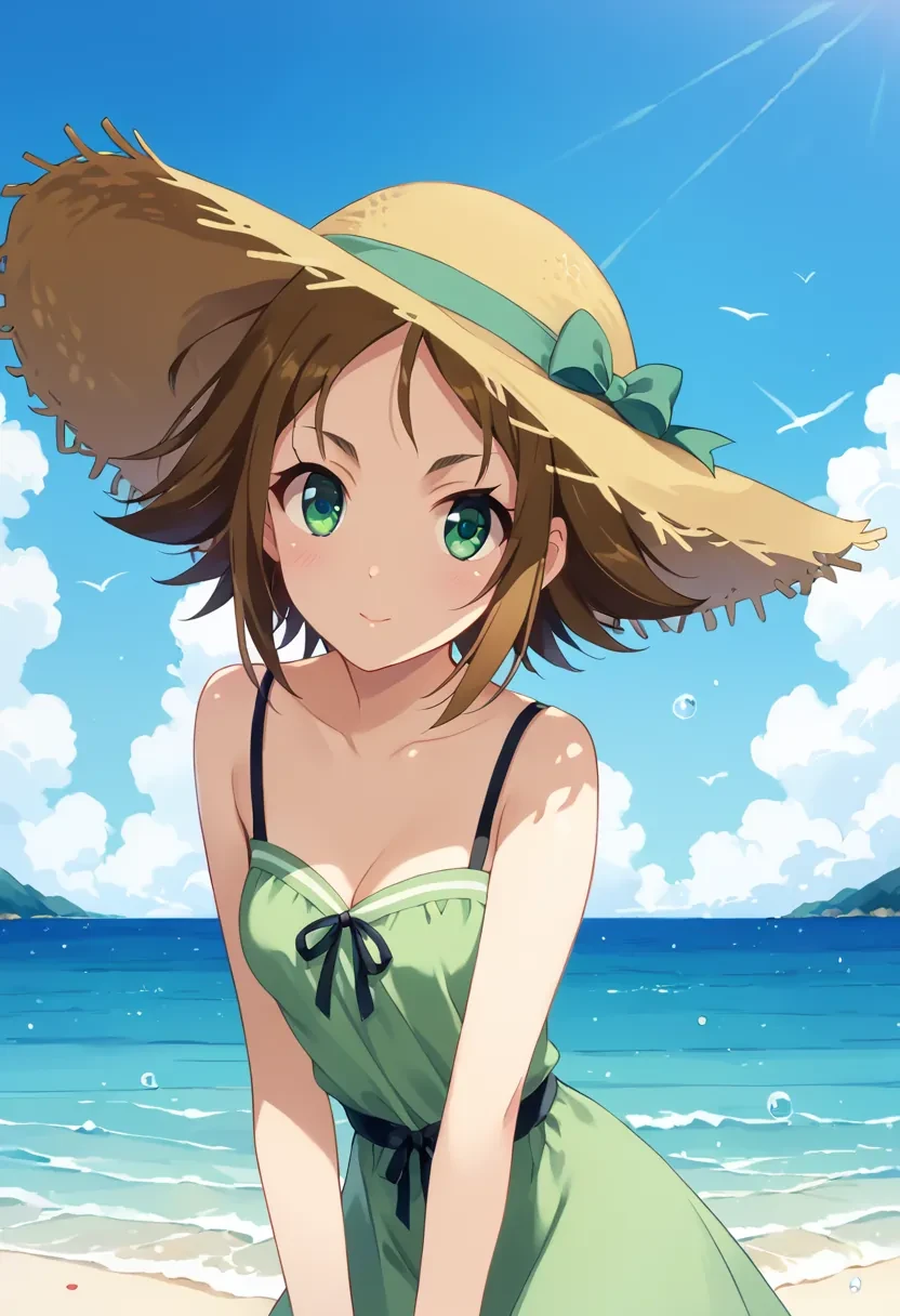 score_9, score_8_up, score_7_up, score_6_up,

1girl, solo,

Osono, short hair, brown hair, green eyes, flipped hair,

summer dress, straw hat, ocean, picknick,