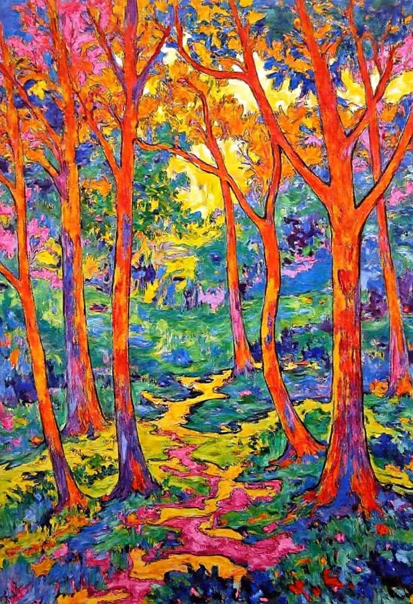 Fauvism Facilitator,  Illustrate a mystical forest in Fauvist style, with trees and foliage painted in unconventional colors: purple trunks, blue and pink leaves, and bright orange shadows. The forest floor is covered in swirls of greens and yellows, and dappled sunlight falls in patches of electric pink. The scene is dreamlike and saturated, capturing the mystery and magic of the forest in bold, unexpected colors.