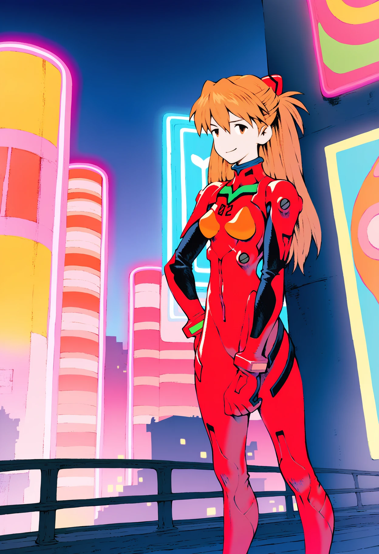 best quality, amazing quality, very aesthetic, absurdres, yoshida akihiko, BREAK
1girl, asuka langley, red plugsuit, standing, smug, looking at viewer, futuristic background, neon light , buildings, night, <lora:AkihikoYoshidaNoobLocon_byKonan:1>