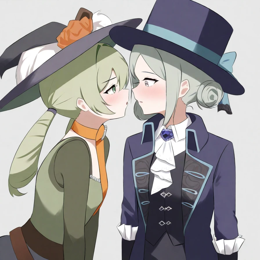 2girls,,vertin\(reverse:1999\),(sotheby\\(reverse:1999\\):1.3),grey background,green hair,imminent_kiss,eye_contact,facing_another,(wizard hat:1.2),<lora:1999a:1>, masterpiece, best quality, very aesthetic, absurdres