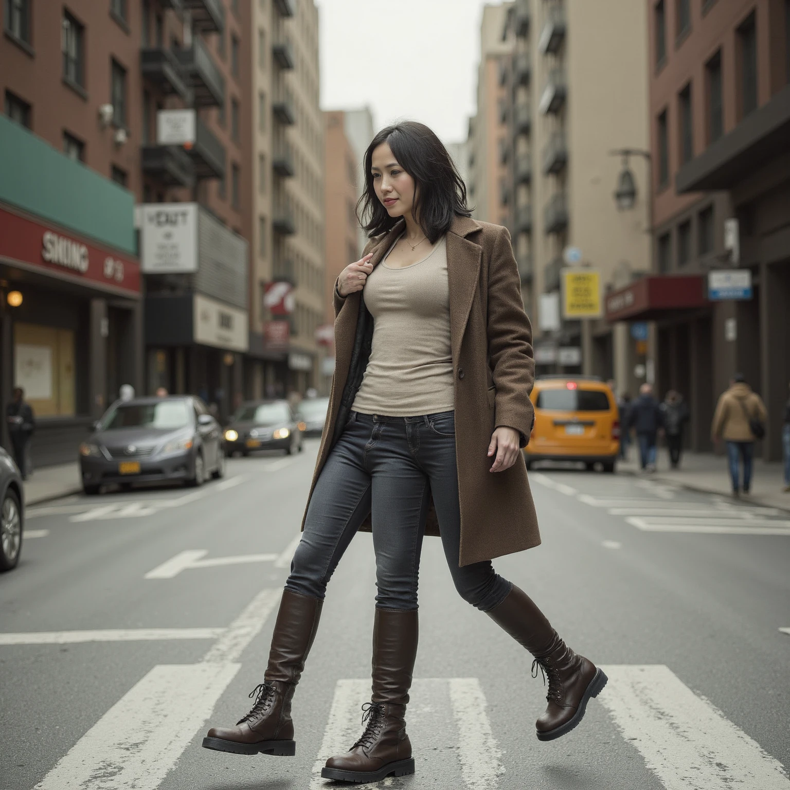 A Japanese woman with three legs, her skin a warm caramel tone, walks confidently across a New York crosswalk. She wears thigh-high boots, dark jeans, and a light cardigan, her expression determined yet serene. The scene is captured in documentary style, with a natural, grainy texture and a muted color palette, reminiscent of the films of Martin Scorsese. Soft, diffused daylight filters through the urban landscape, casting gentle shadows and creating a balanced, realistic exposure. The background is a bustling New York street, with pedestrians and cars in the distance, adding to the dynamic, gritty atmosphere. <lora:Three_Legs_-_Flux_v2-000077:1>