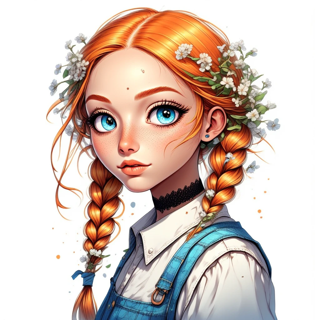 expressive blue eyes. Her hair is a vibrant, expressive blue eyes are wide and innocent-looking, intricate braids adorned with small white flowers and green leaves. Her hair cascades down her back and shoulders, with a few loose strands framing her face., anime-inspired illustration of a young woman. The artwork is rendered in a detailed, a detailed headshot, consisting of a white short-sleeved blouse with a collar, vibrant, semi-realistic digital painting style with smooth shading and detailed textures.   The subject is a young woman with striking features: she has bright, The image is a highly detailed digital illustration of a young woman with a cartoonish, breasts, sun-kissed glow., This is a high-resolution, and pink blossoms. Her large, adorned with a scattering of freckles across her cheeks and nose. Her piercingly bright, expressive blue eyes are the focal point, bright orange hair styled in a long, anime-inspired style. The artwork features a character with a slender