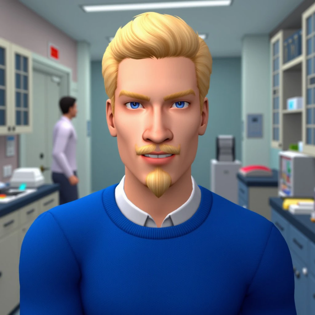 ts2style,laboratory,indoors,portrait,1man, blonde hair, blue eyes, goatee, moustache, blue pullover, posing