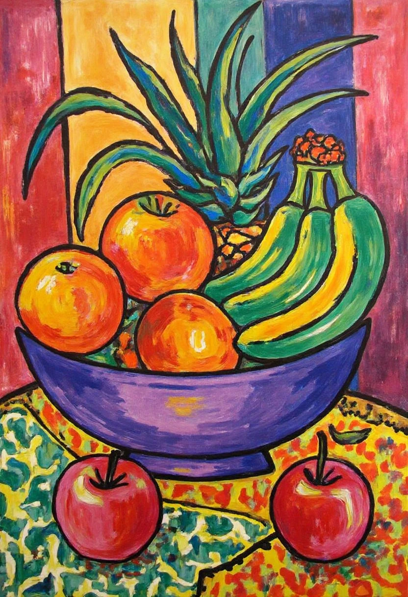 Fauvism Facilitator,  Create a Fauvist still life of a fruit bowl with exaggerated colors: oranges in deep red, bananas in teal, and apples in bright pink. The bowl is a glowing purple, and the tablecloth beneath it is an intense pattern of green and yellow. The background is a bold, abstract swirl of colors, emphasizing the contrast between the vivid fruits and their setting.